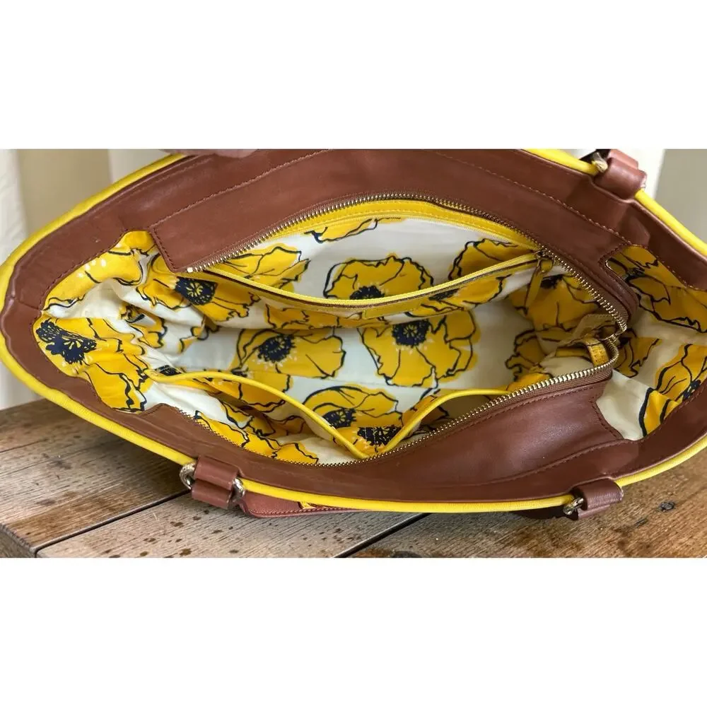 Kate Spade Soft Leather Shoulder Bag Cognac Brown yellow Trim GUC